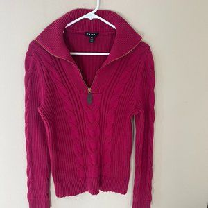 Tribal Hot Pink 100% Cotton V Neck with Zipper Cabled Women's Sweater Size M
